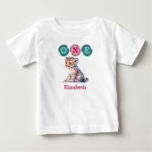 ヒョウ柄の1歳の誕生日 名入れ ピンクグリーン ベビーTシャツ (正面)
