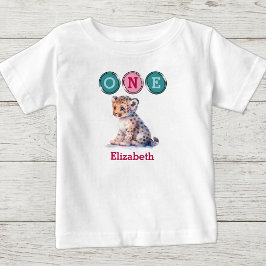 ヒョウ柄の1歳の誕生日 名入れ ピンクグリーン ベビーTシャツ