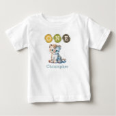ヒョウ柄の1歳の誕生日 名前入り ブルー ベビーTシャツ (正面)