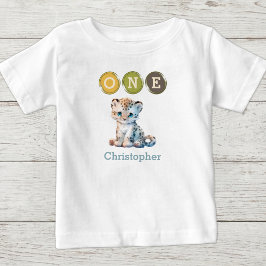 ヒョウ柄の1歳の誕生日 名前入り ブルー ベビーTシャツ