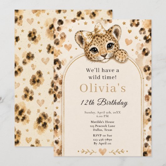 ヒョウ柄の12歳の誕生日パーティー 招待状 (正面/裏面)
