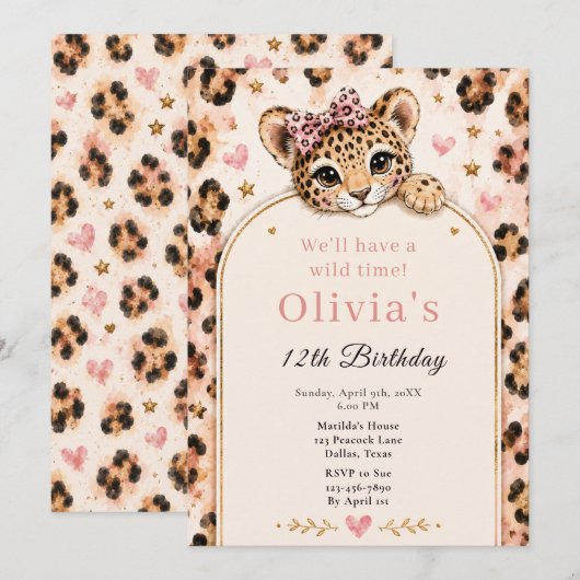 ヒョウ柄の12歳の誕生日パーティー 招待状 (正面/裏面)