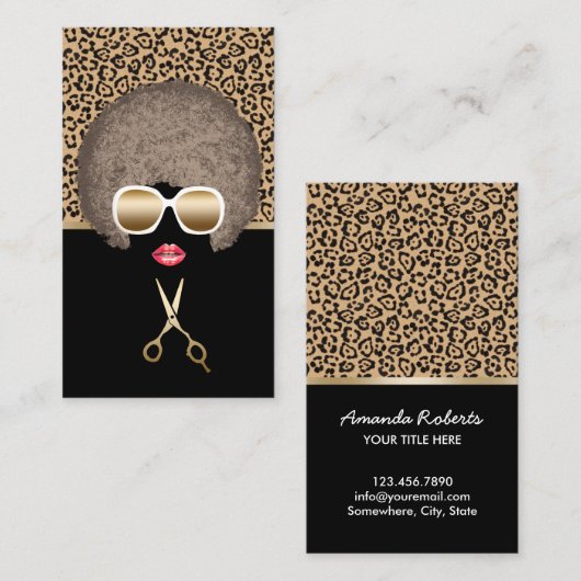 ヒョウ柄アフロモダンヘア&美しいサロン 名刺 (正面/裏面)