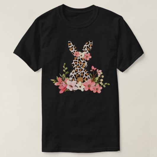 ヒョウ柄イースターバニーラビットホリデーフラワーズ Tシャツ (デザイン正面)