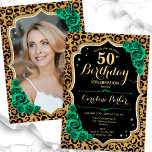 ヒョウ柄エメラルドグリーン写真50誕生日 招待状<br><div class="desc">50歳エレガントの誕生日の招待状とカードの後ろの写真。動物ヒョウ柄のグラムブラックの緑のデザインとフェイクグリッター金ゴールド。エメラルドグリーンバラ、スクリプトフォント、紙吹雪を搭載。大人スタイリッシュのお祝いパーティーに最適。独自の詳細でパーソナライズどんなカスタマイズ年でもいい！印刷されたZazzle招待状または即時ダウンロードのデジタル印刷可能なテンプレート。</div>