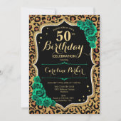 ヒョウ柄エメラルドグリーン写真50誕生日 招待状 (正面)