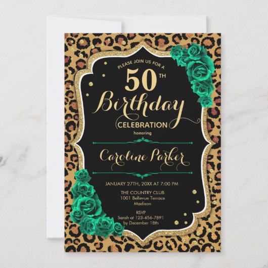 ヒョウ柄エメラルドグリーン写真50誕生日 招待状 (正面)