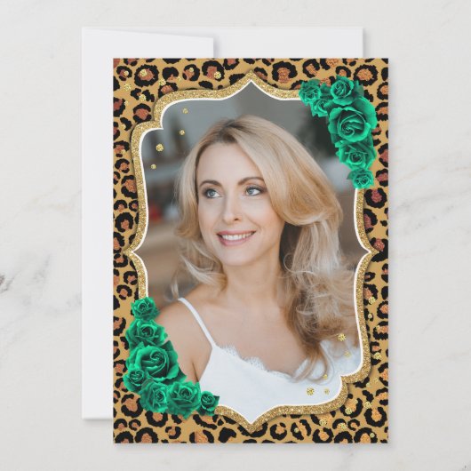 ヒョウ柄エメラルドグリーン写真50誕生日 招待状 (裏面)