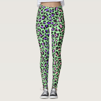 ヒョウ柄グリーンパープルピンクブラックレギンス レギンス