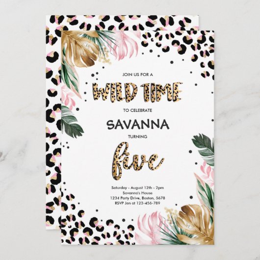 ヒョウ柄ジャングルサファリ 5歳誕生日パーティー 招待状 (正面/裏面)