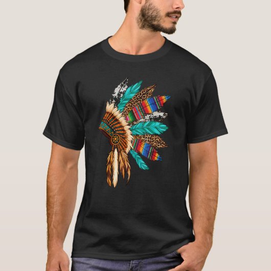 ヒョウ柄セラペ 牛革製インディアン ヘッドドレス Tシャツ (正面)