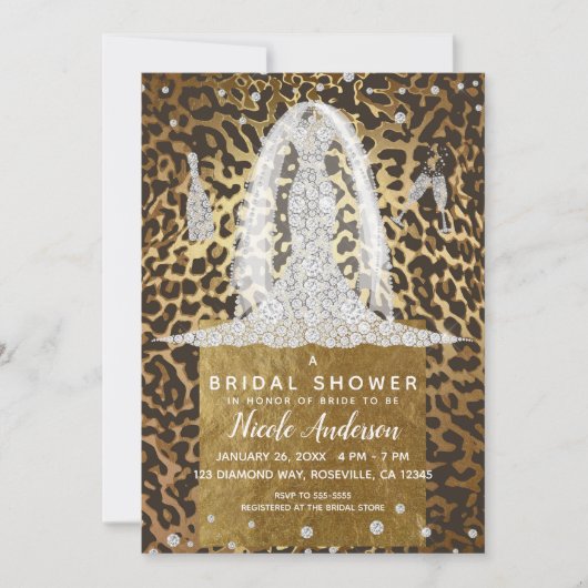 ヒョウ柄ダイヤモンド結婚のドレスブライダルシャワー 招待状 (正面)