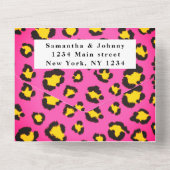 ヒョウ柄チータピンクサファリ結婚動物 オールインワン招待状 (裏面)