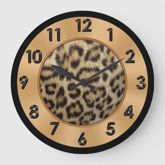 ヒョウ柄デコ金ゴールド、黒とタンカラー ラージ壁時計 (正面)