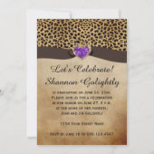 ヒョウ柄パープルハートきらきら光る卒業パーティー 招待状 (正面)