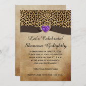 ヒョウ柄パープルハートきらきら光る卒業パーティー 招待状 (正面/裏面)