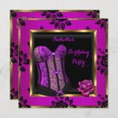 ヒョウ柄パープルピンクの梅のレースローズコルセットパーティー 招待状 (正面/裏面)