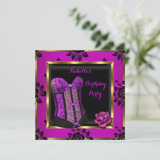 ヒョウ柄パープルピンクプラムレースローズコルセットパーティー 招待状 (スタンド正面)