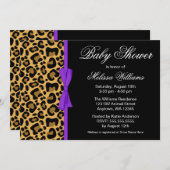 ヒョウ柄パープルプリントリボン赤ちゃんシャワー 招待状 (正面/裏面)