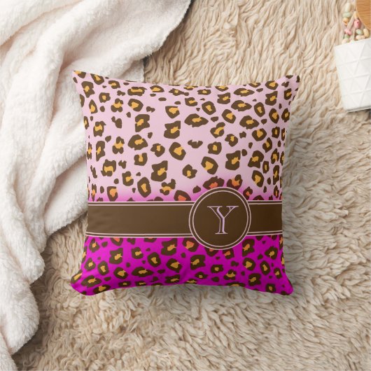 ヒョウ柄ピンクブラウンモノグラム装飾用クッション クッション (ブランケット)