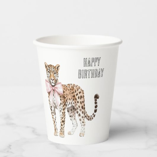 ヒョウ柄ピンクリボンの誕生日 紙コップ (正面)
