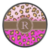 ヒョウ柄ピンク褐色モノグラム アイスホッケーパック (正面)