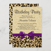 ヒョウ柄ブドウパープルボウガールバースデーパーティー 招待状 (正面/裏面)