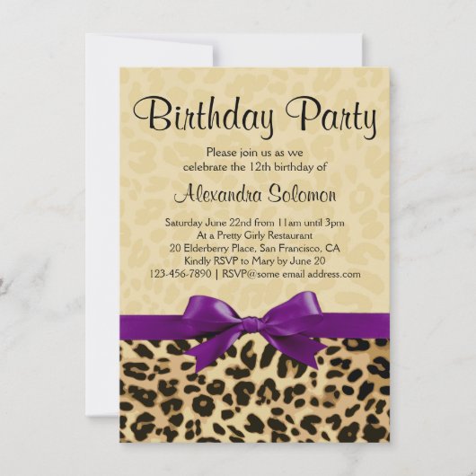 ヒョウ柄ブドウパープルボウガールバースデーパーティー 招待状 (正面)