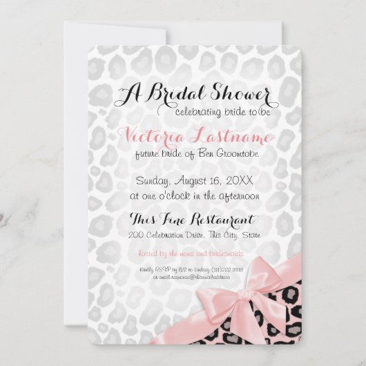 ヒョウ柄ブライダルシャワーピンクボウ 招待状 (正面)