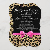 ヒョウ柄ブラックとホットピンクボウ誕生日パーティー 招待状 (正面/裏面)
