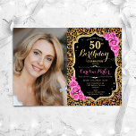 ヒョウ柄ブラック金ゴールドピンク写真50誕生日 招待状<br><div class="desc">エレガントフローラ50歳のフェミニン誕生日の招待状と写真。グラムブラックピンクデザインとフェイクグリッター金ゴールド。動物ヒョウのプリント、ピンクのバラ、スクリプトフォントと紙吹雪を特徴とする。大人スタイリッシュのお祝いパーティーに最適。独自の詳細でパーソナライズどんなカスタマイズ年でもいい！印刷されたZazzle招待状または即時ダウンロードのデジタル印刷可能なテンプレート。</div>