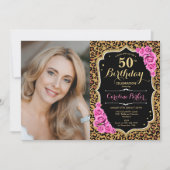 ヒョウ柄ブラック金ゴールドピンク写真50誕生日 招待状 (正面)