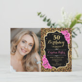 ヒョウ柄ブラック金ゴールドピンク写真50誕生日 招待状 (スタンド正面)