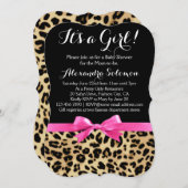 ヒョウ柄ホットピンクボウその女の子の赤ちゃんシャワー 招待状 (正面/裏面)