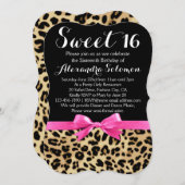 ヒョウ柄ホットピンクボウ甘い16誕生日 招待状 (正面/裏面)