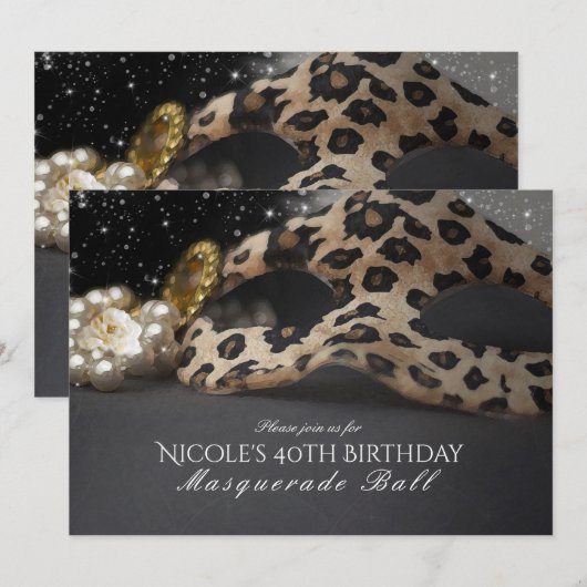 ヒョウ柄マスク＆パールパーティー招待状 招待状 (正面/裏面)