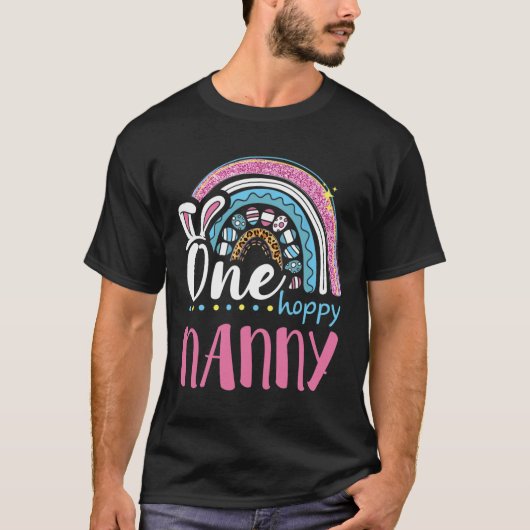 ヒョウ柄レインボーイースターエッグ兎耳ワンホッピーナニー Tシャツ (正面)