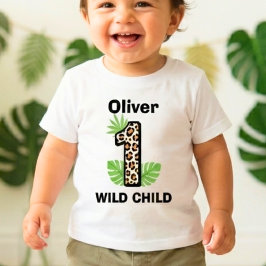 ヒョウ柄ワイルドワン1歳の誕生日 ベビーTシャツ