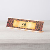 ヒョウ柄茶色の黒金ゴールドメタリックモノグラム デスクネームプレート (正面)
