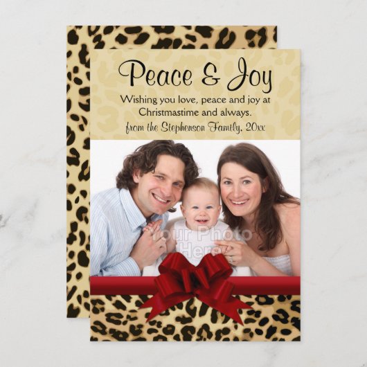 ヒョウ柄赤い弓のクリスマス写真挨拶 シーズンカード (正面/裏面)