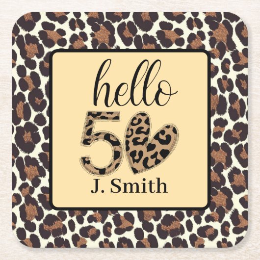ヒョウ柄50誕生日 スクエアペーパーコースター (正面)