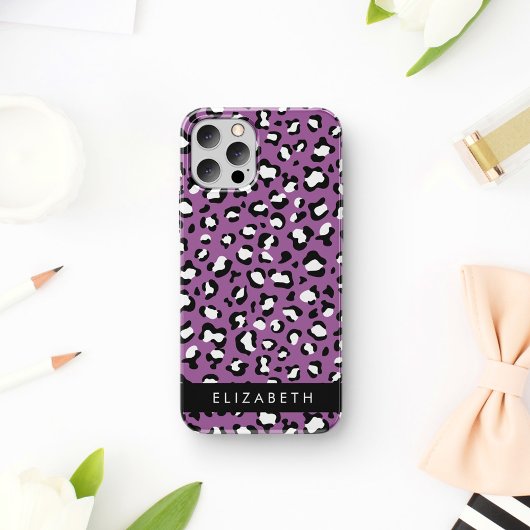 ヒョウ柄、ドット、パープルヒョウ、お名前 iPhone 16ケース
