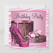 ヒョウ柄 ハイヒール 靴 ピンク ゼブラ 誕生日 パーティー 招待状 (正面)