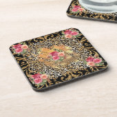 ヒョウ柄(バラと金ゴールドグリッター) コースター (左側)