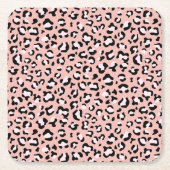 ヒョウ柄、ヒョウ柄の斑点、ピンクのヒョウ スクエアペーパーコースター (正面)