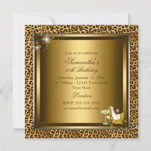 ヒョウ柄&ヒール50素晴らしい金ゴールド 招待状 (裏面)