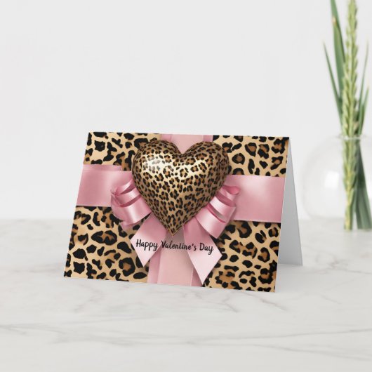ヒョウ柄 ピンク リボン バレンタインデー ハート カード (正面)