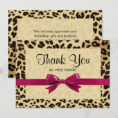 ヒョウ柄 ブライト ピンク リボン お礼メモ サンキューカード (正面/裏面)