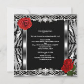 ヒョウ柄 ブラック バースデー レッド ローズ 花 あらゆる年齢 招待状 (裏面)