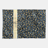 ヒョウ柄 ブルー ゴールド モノグラム キッチンタオル (横)